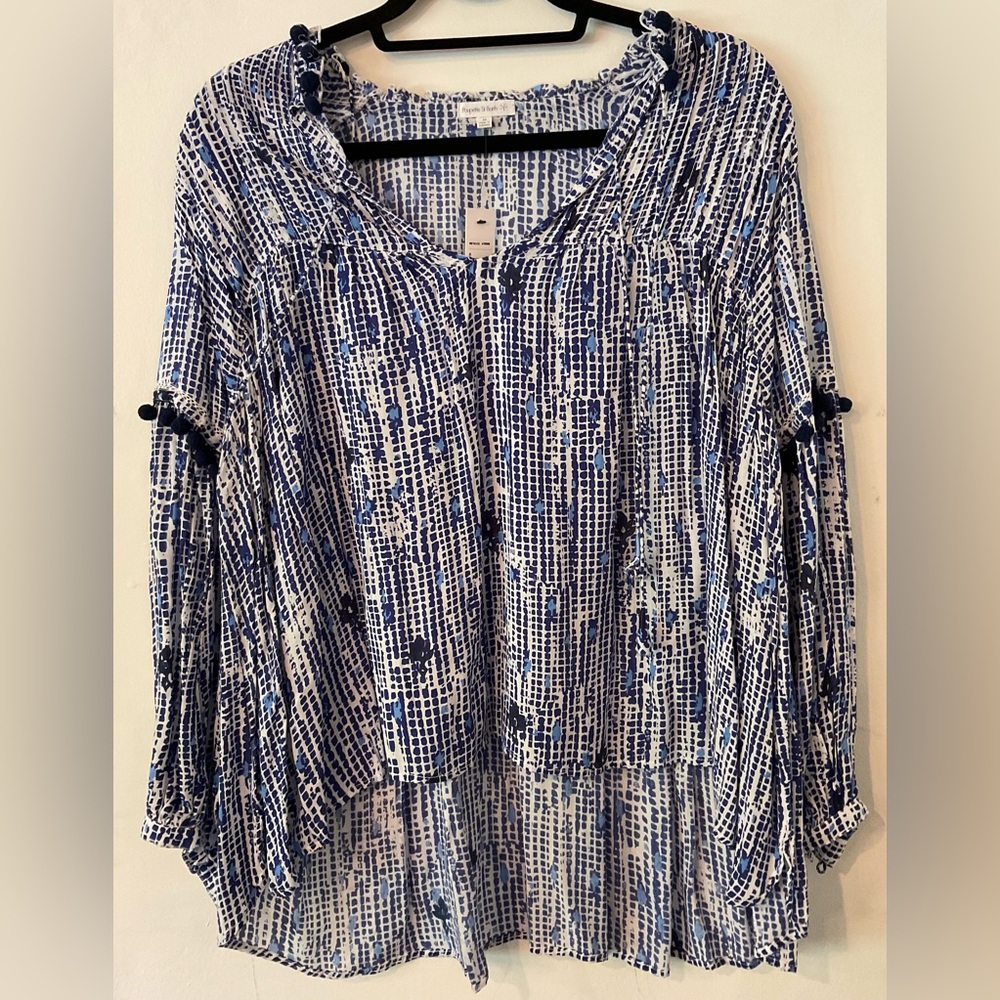 NWT POUPETTE ST BARTH Navy and White “Clara” Printed Blouse
